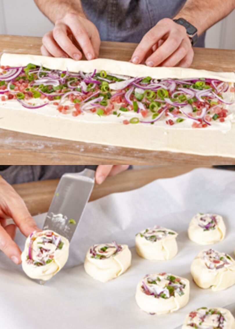 🧅🥓 Flammkuchen-Rolle mit Blätterteig – Knusprig, würzig & blitzschnell gemacht!