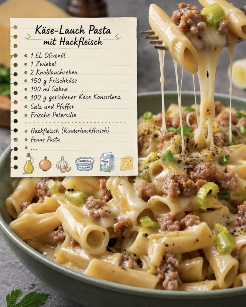 Cremige Käse-Lauch-Pasta mit Hackfleisch – würzig, cremig & schnell gemacht