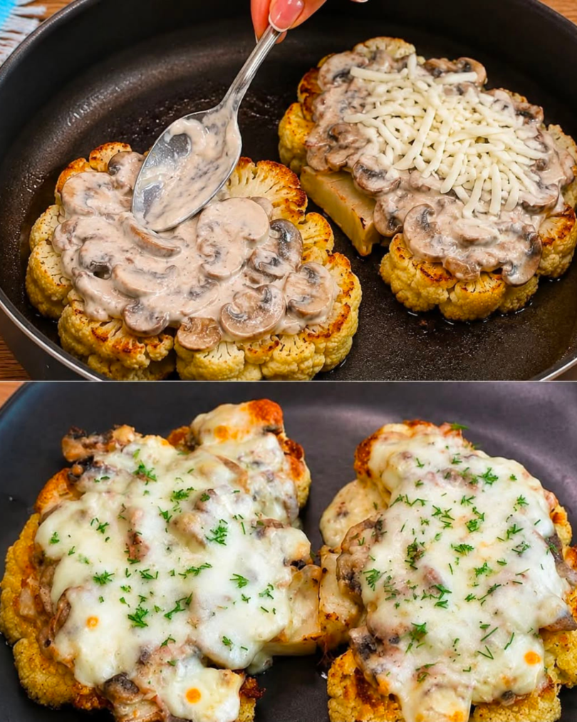 Blumenkohl-Schnitzel mit Champignons und Käse – herzhaft und cremig