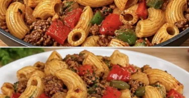 Hackfleisch-Nudelpfanne mit Paprika und Gabelspaghetti