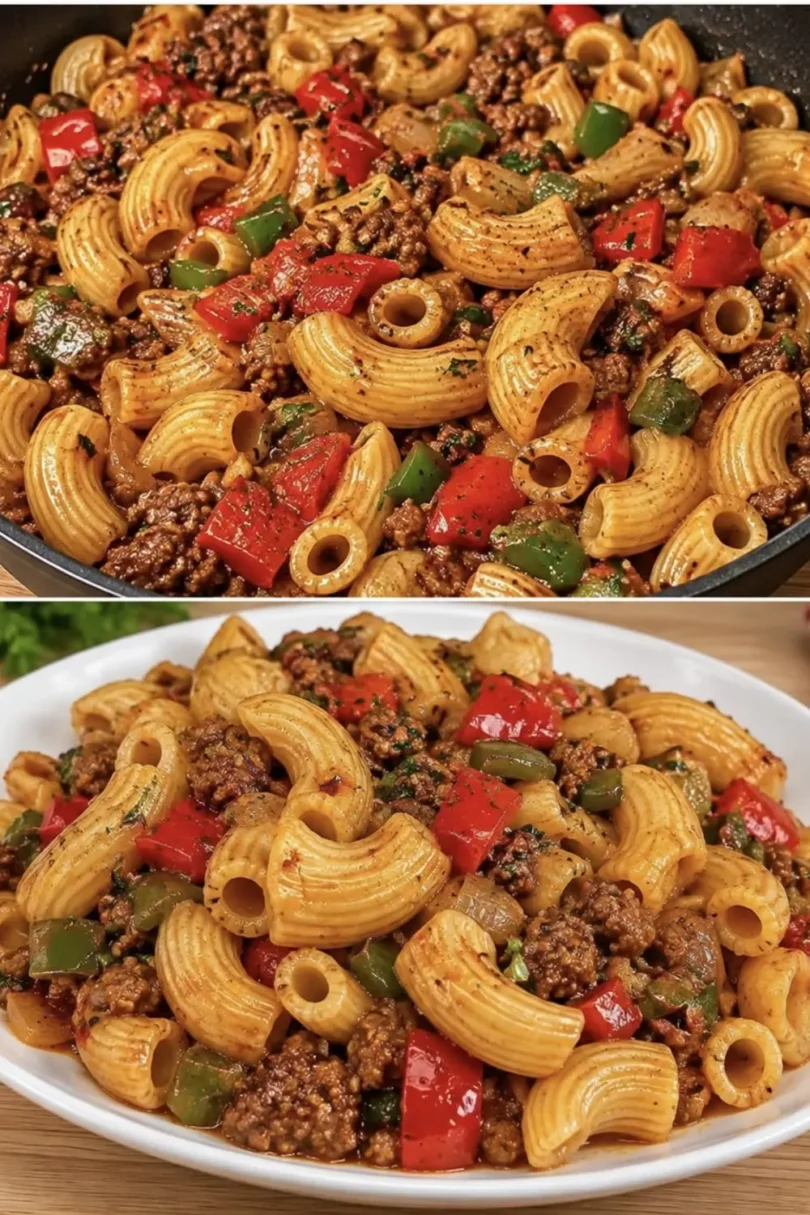 Hackfleisch-Nudelpfanne mit Paprika und Gabelspaghetti