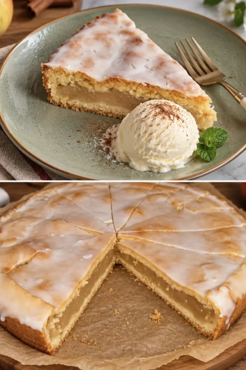Berliner Apfelkuchen mit Apfelmusfüllung und Puderzuckerglasur