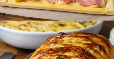 Blätterteigstrudel mit Schinken, Kräuterfrischkäse und Käse