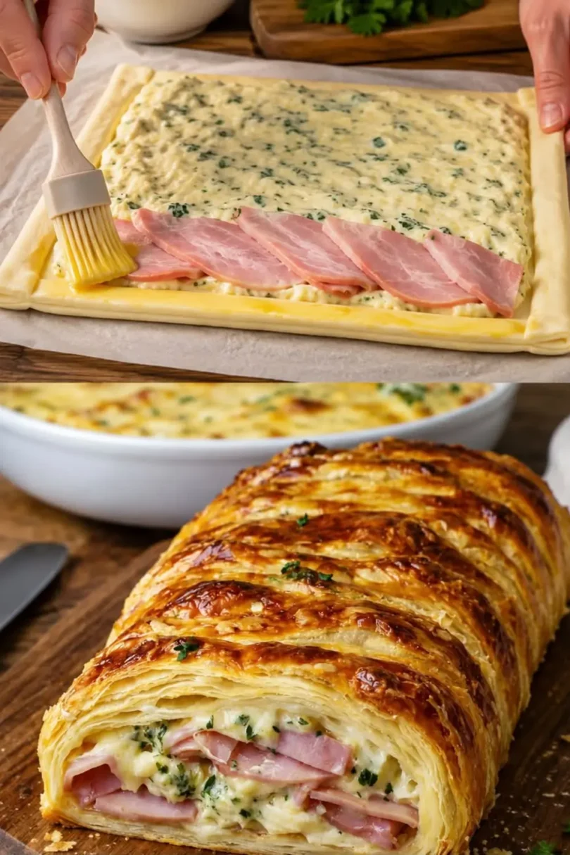 Blätterteigstrudel mit Schinken, Kräuterfrischkäse und Käse