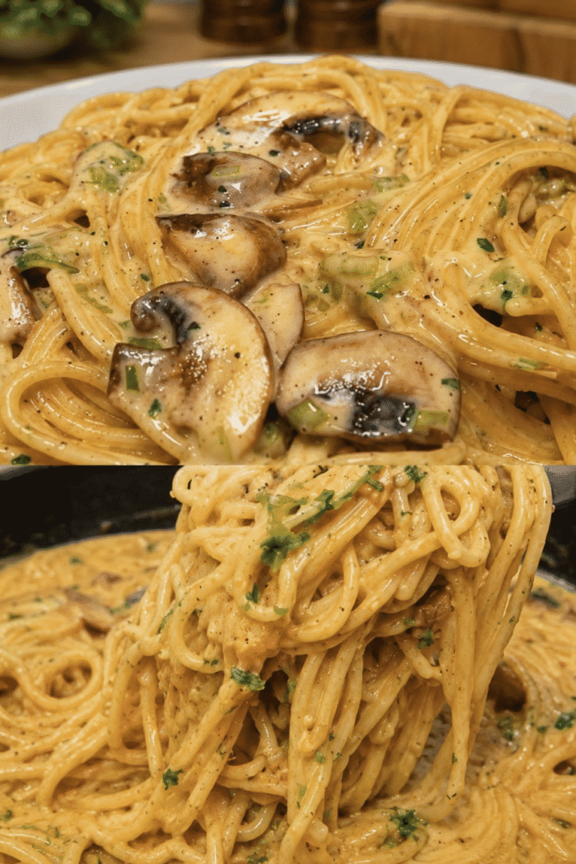 Cremige Spaghetti mit gebratenen Champignons, Kräutern und feiner Sahnesoße