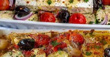 Gebackener Schafskäse mit Knoblauch, Tomaten, Zucchini und Oliven