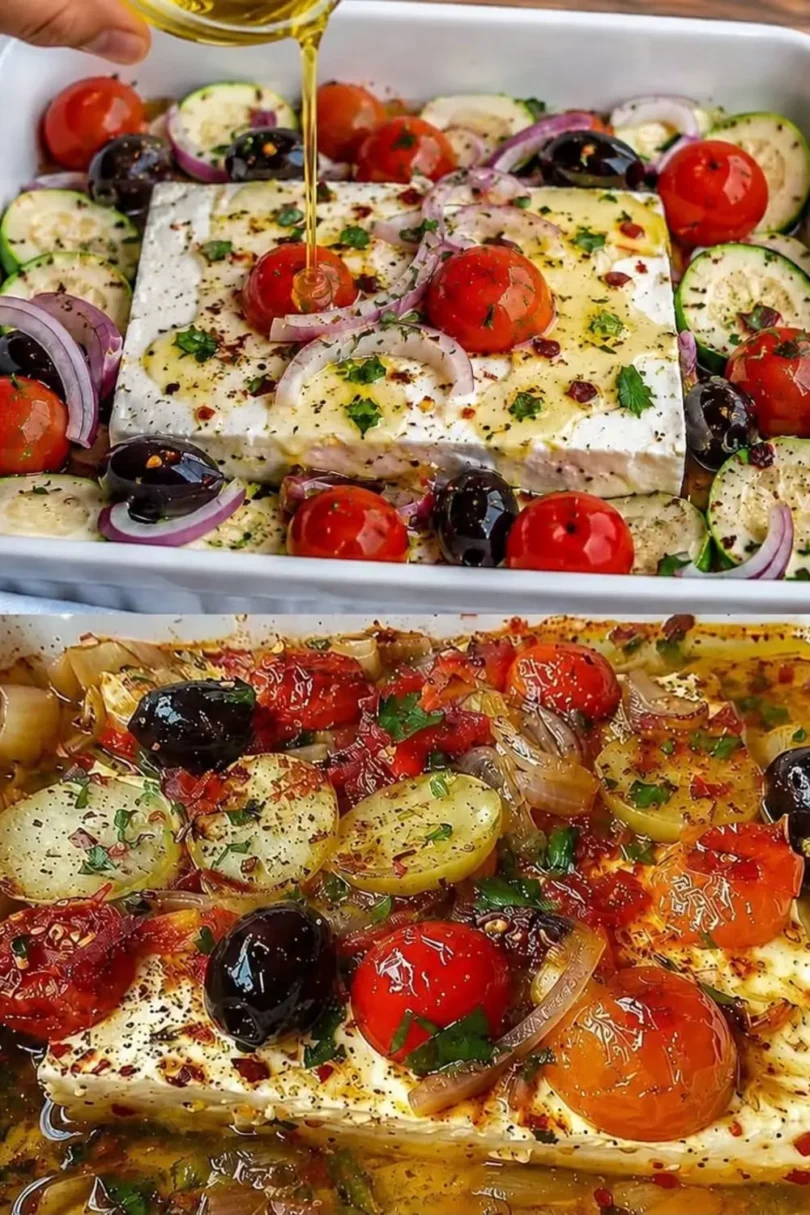 Gebackener Schafskäse mit Knoblauch, Tomaten, Zucchini und Oliven