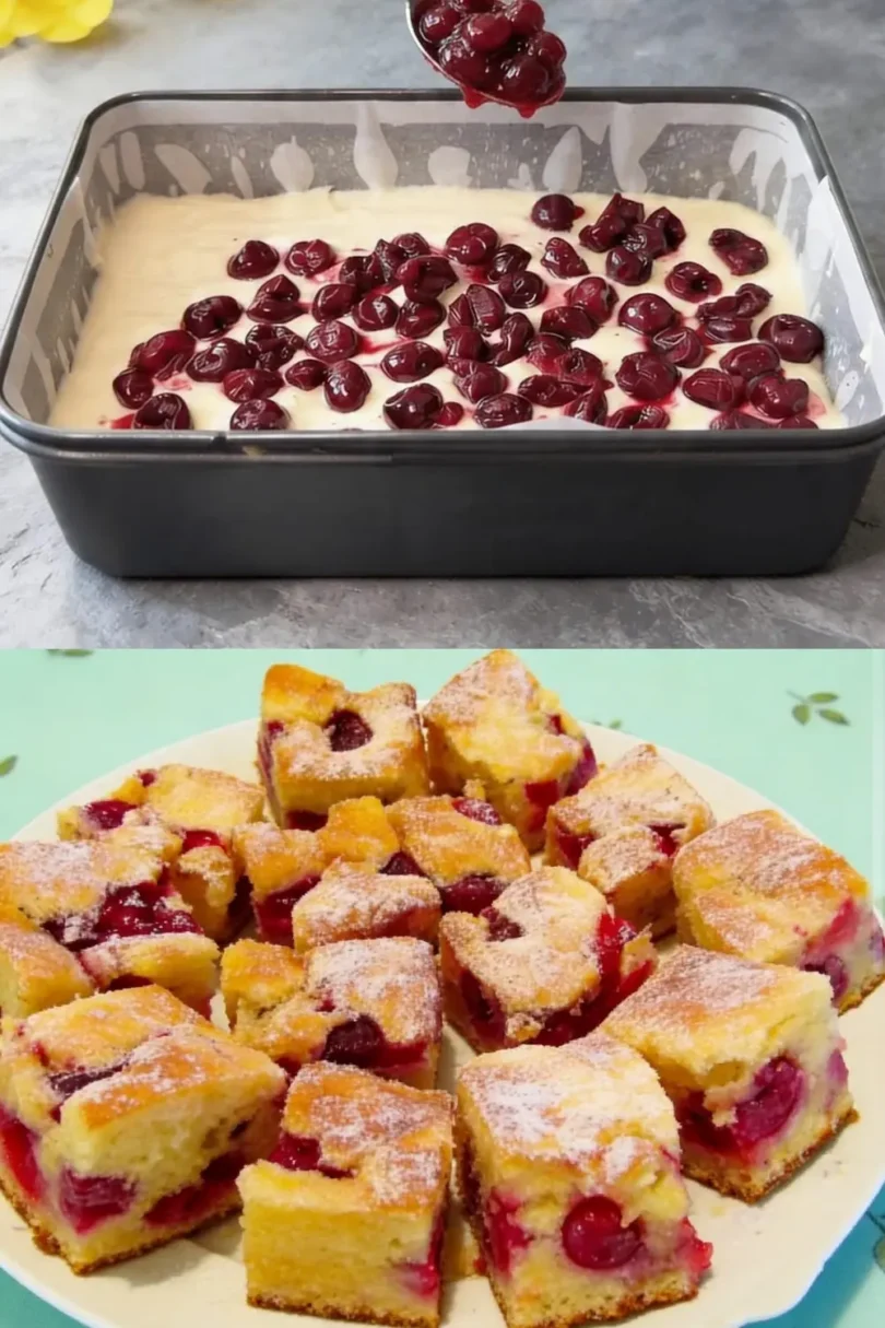 Joghurtkuchen mit Sauerkirschen und Puderzucker