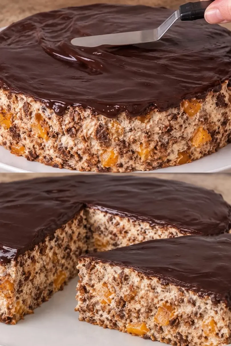 Kiesgrubenkuchen mit Mandarinen, Sahne und Schokoladenglasur