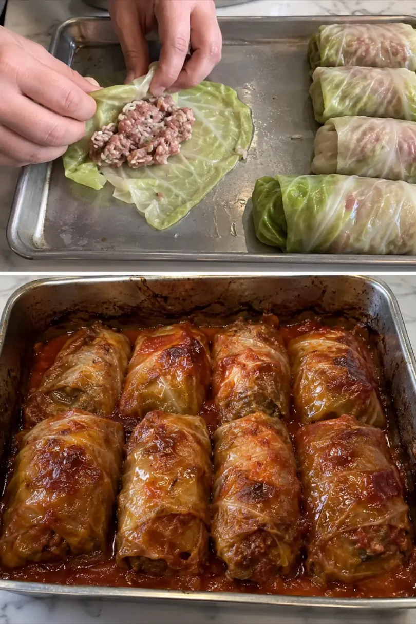 Klassische Kohlrouladen mit Hackfleisch und Soße aus dem Ofen
