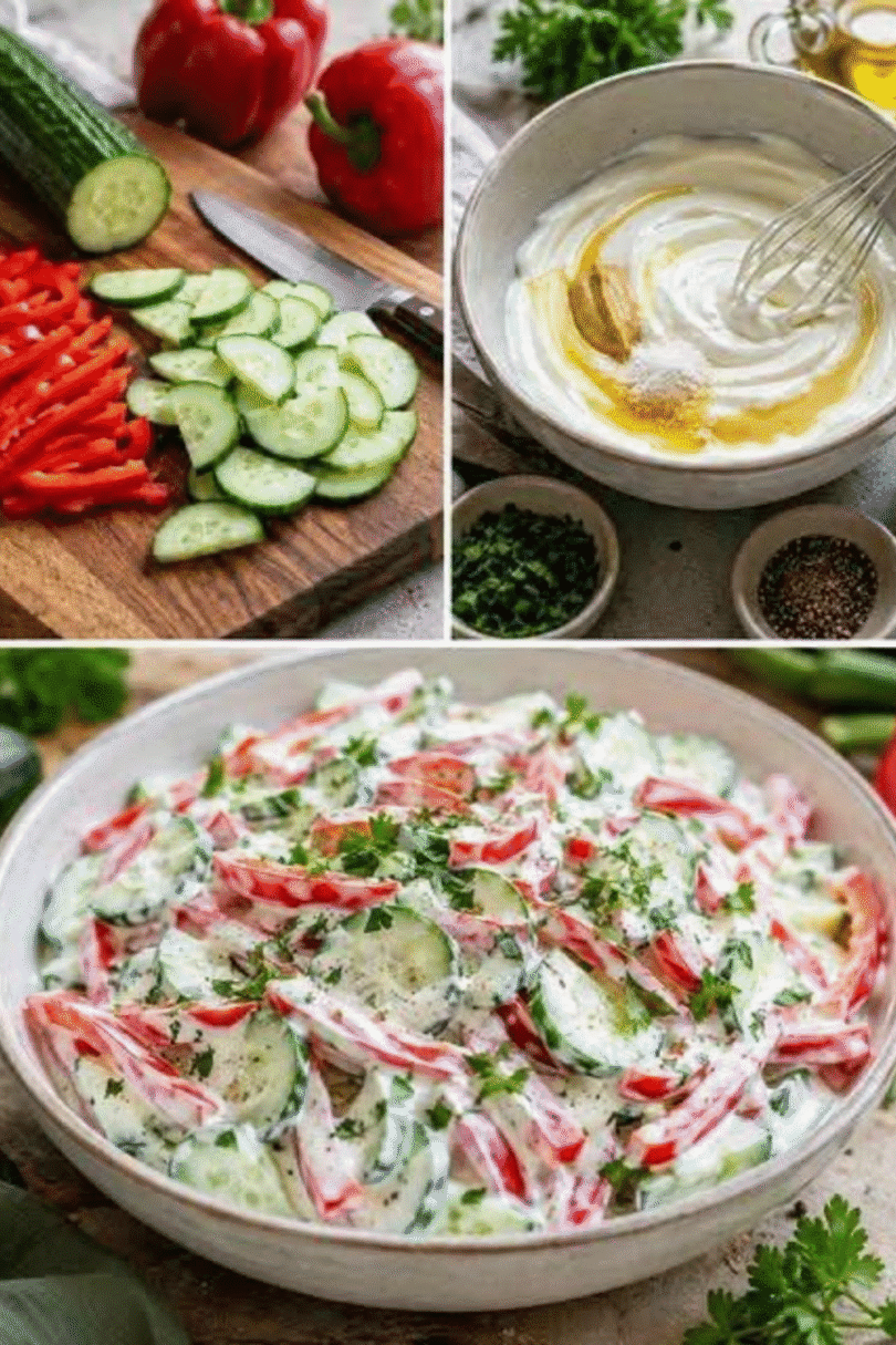 Paprika-Gurken-Salat mit cremigem Joghurtdressing und frischen Kräutern