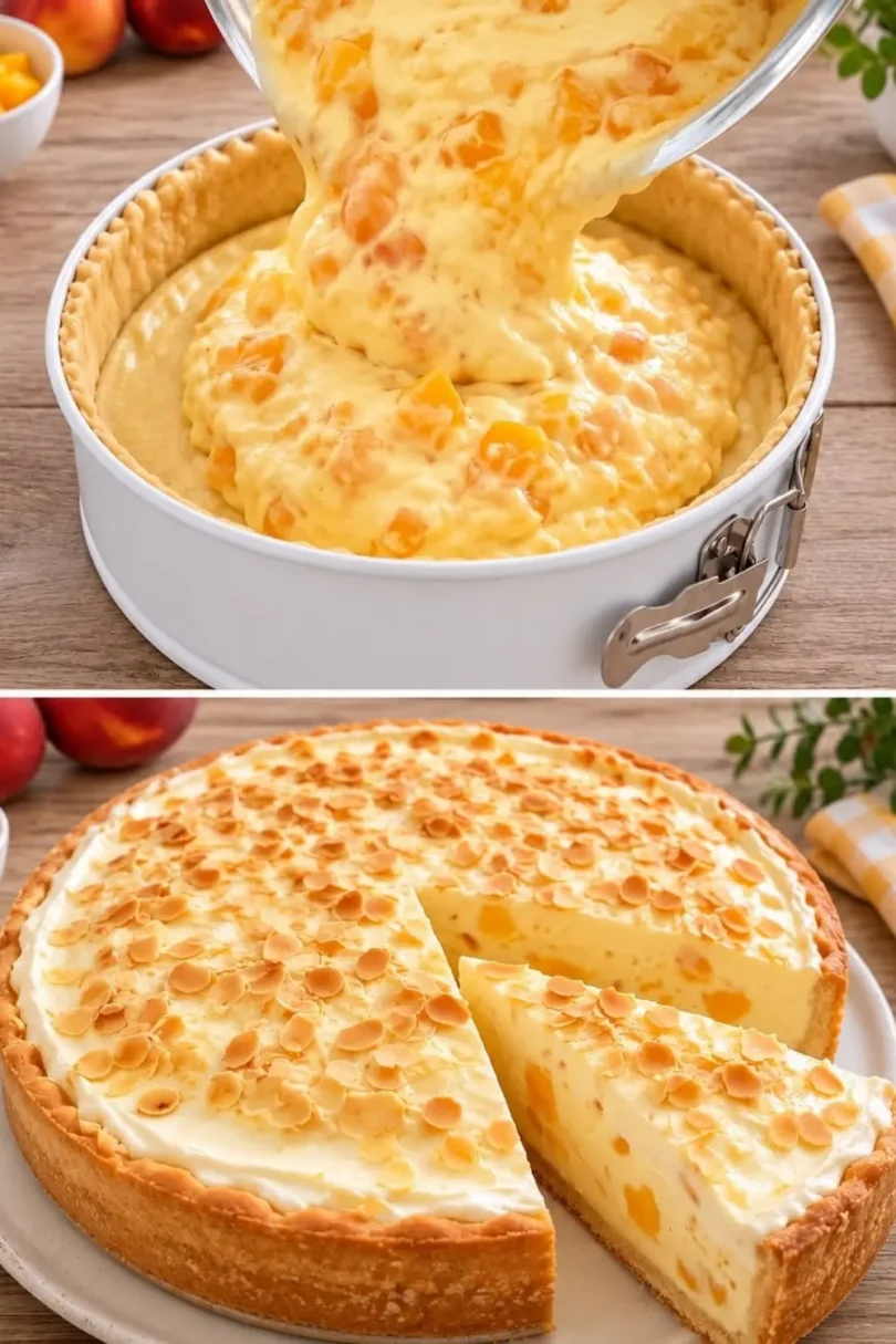 Pfirsichkuchen mit Schmand-Quark-Füllung und Mandelblättchen