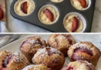 Pflaumen-Quark-Muffins ohne Ei mit Puderzucker