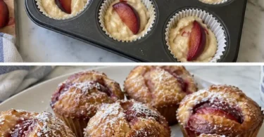 Pflaumen-Quark-Muffins ohne Ei mit Puderzucker