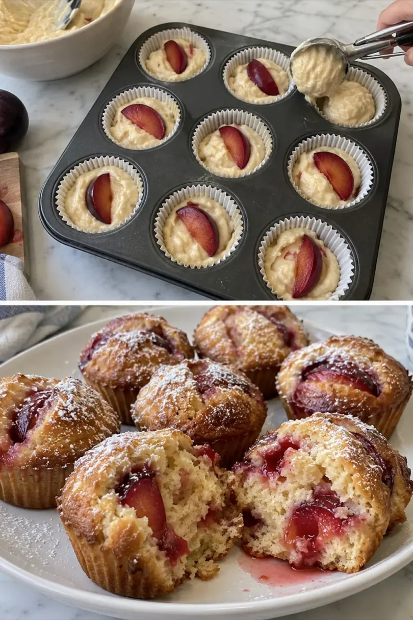 Pflaumen-Quark-Muffins ohne Ei mit Puderzucker