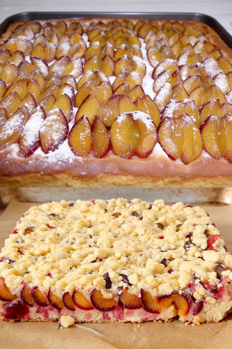 Pflaumenkuchen vom Blech mit Hefeteig, frischen Pflaumen und Streuseln