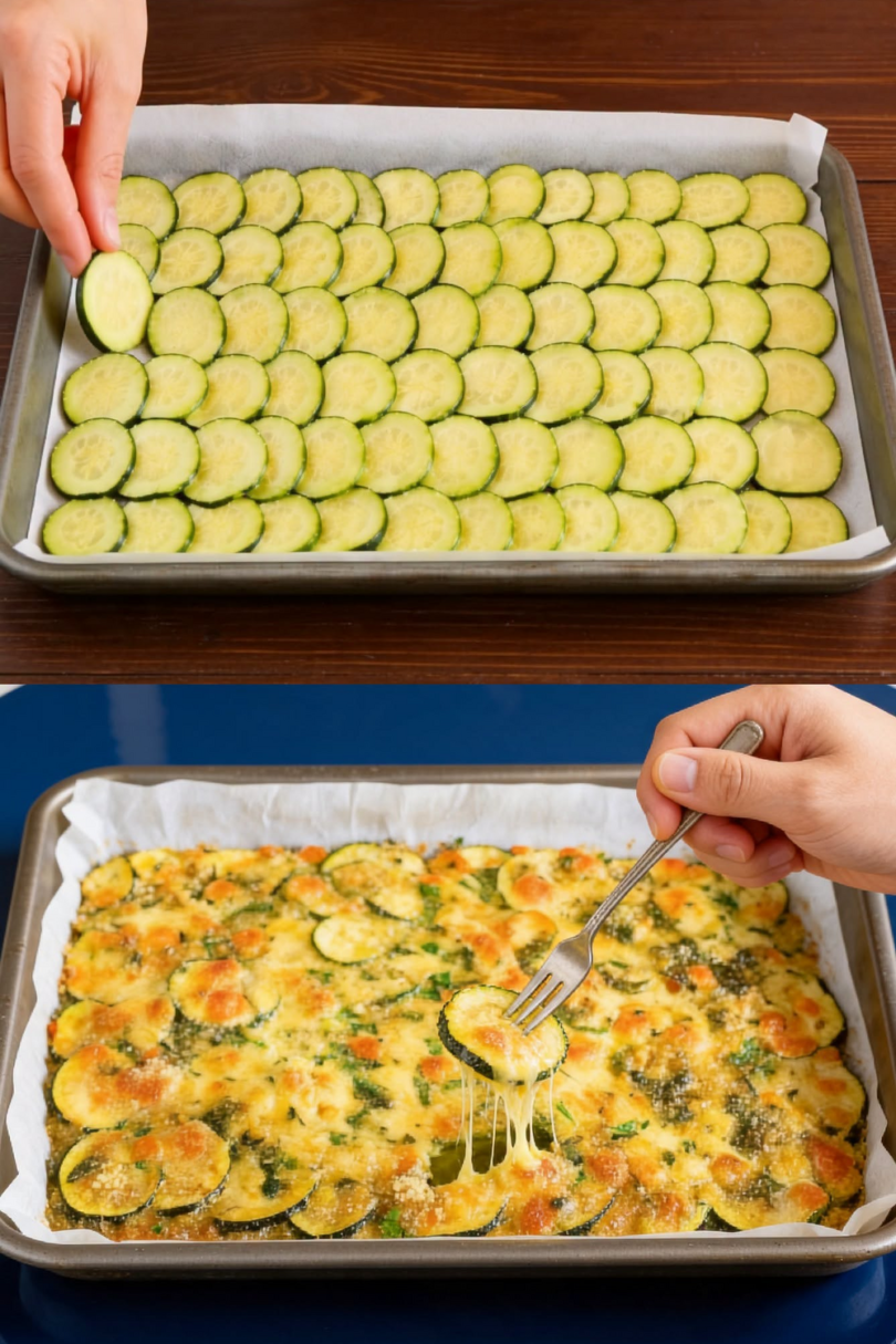 Zucchini mit Käse und Parmesan überbacken auf einem Backblech