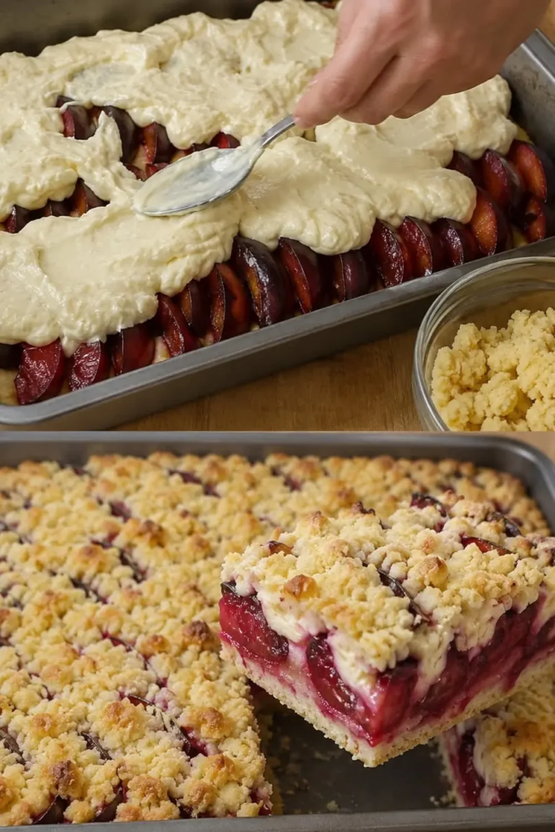 Zwetschgenkuchen vom Blech mit Zimtstreuseln und saftigen Zwetschgen